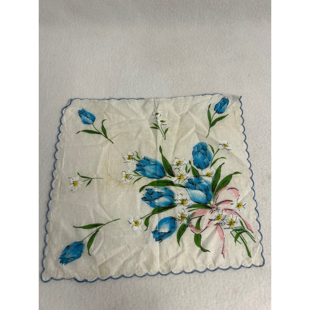 Cottagecore Tea Party Vintage Unbranded Womens OS Blue Tulip Floral Handkerchief